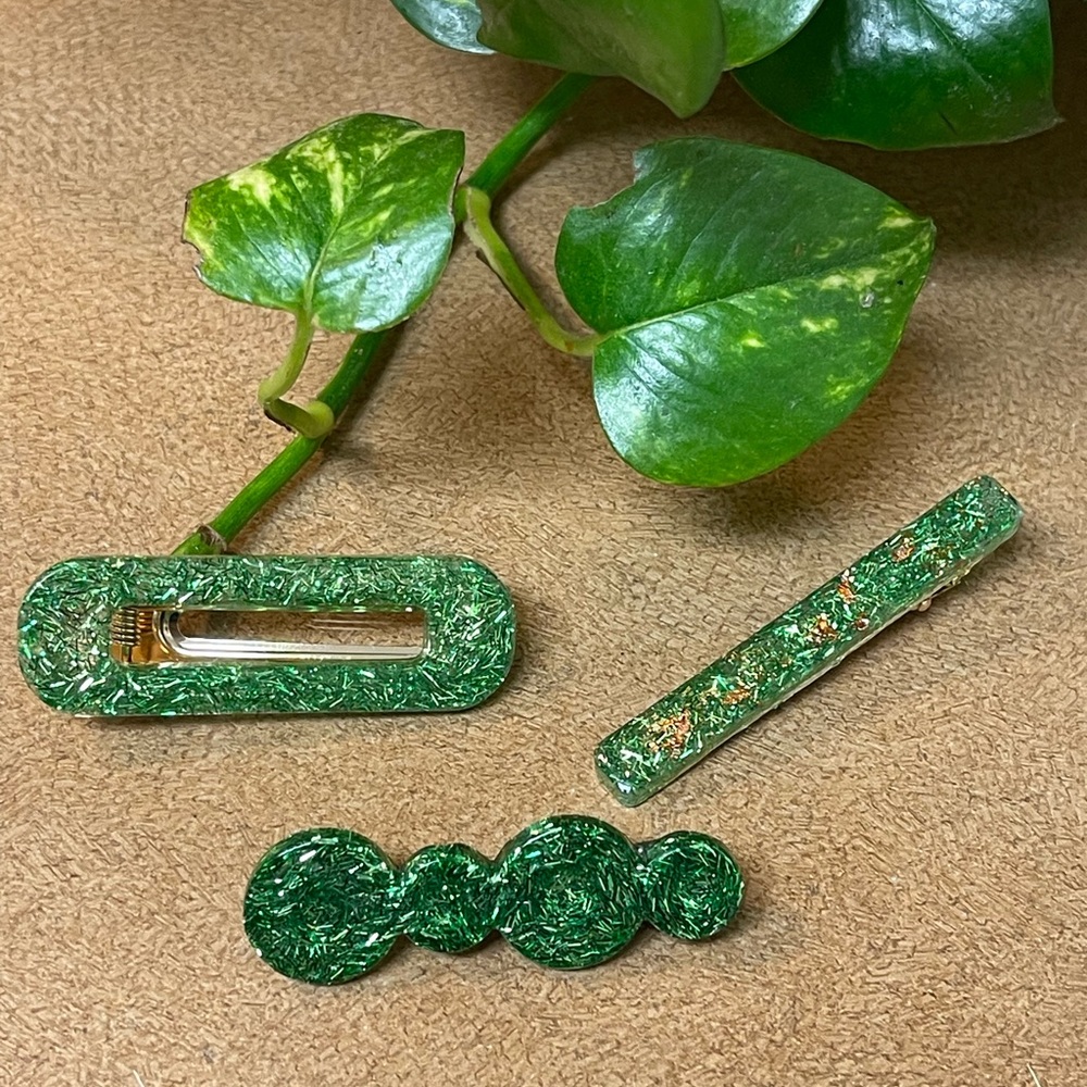 Glitter Green Aligator Hair Clip Set/3 - Picture 2 of 12